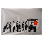 A black stencil-style evolution sequence ends at a counter with a bright red shirt on this horizontal Wall Rebel fabric wall flag.