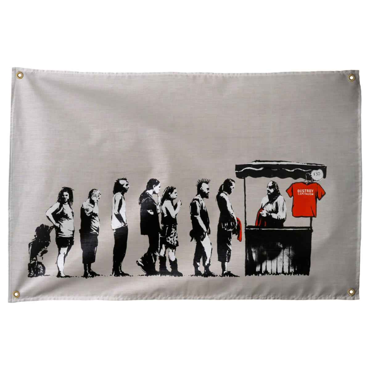 A black stencil-style evolution sequence ends at a counter with a bright red shirt on this horizontal Wall Rebel fabric wall flag.
