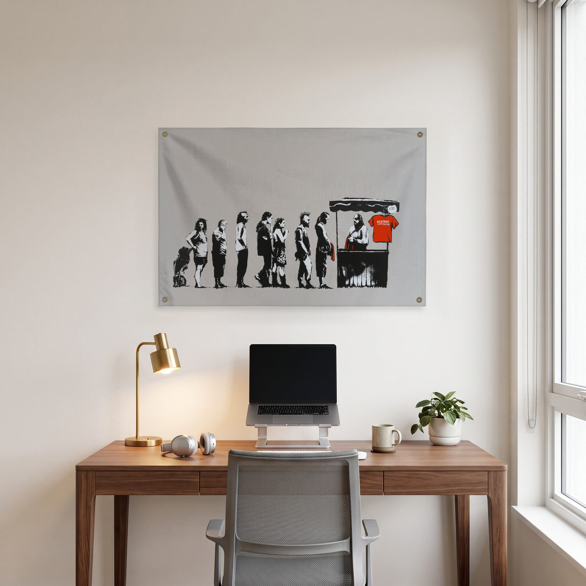Evolution at the Checkout Wall Flag in the clean desk room mockup.