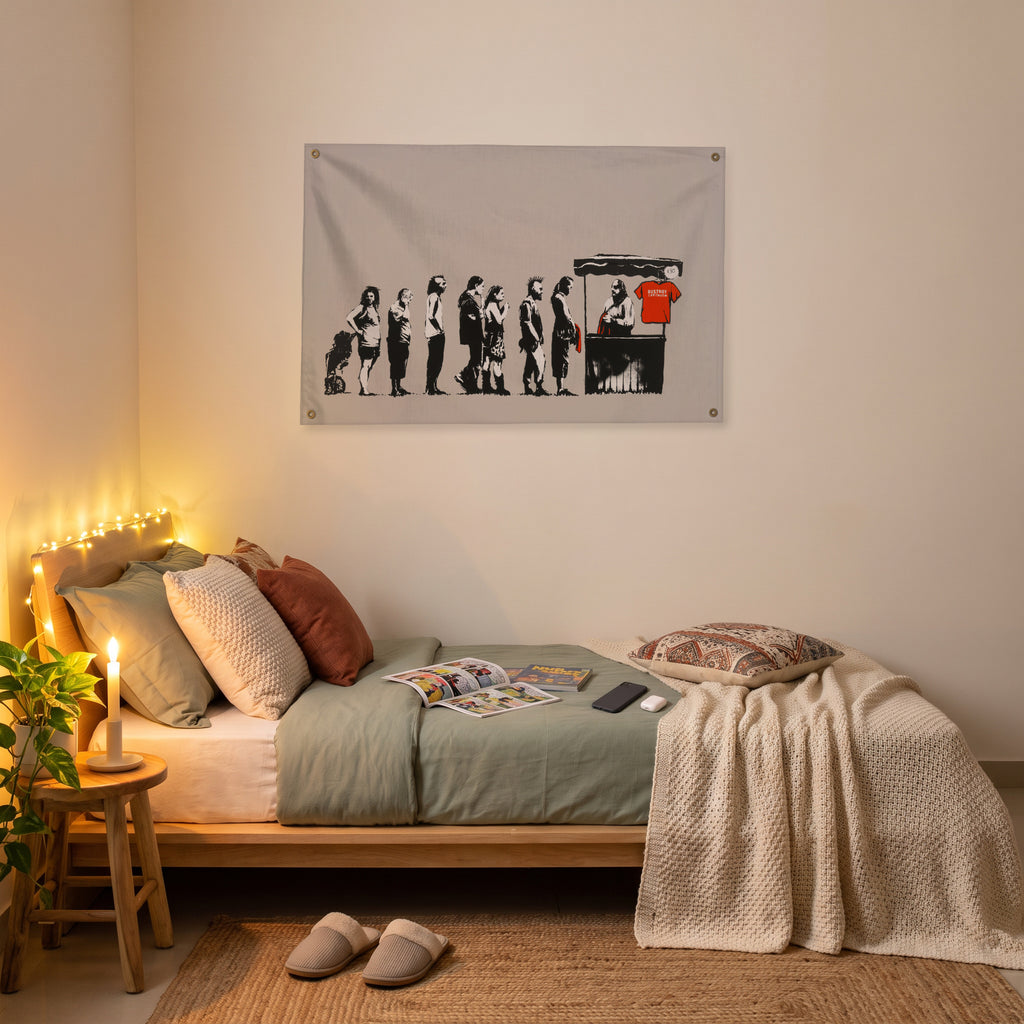 Evolution at the Checkout Wall Flag in the platform bed room mockup.