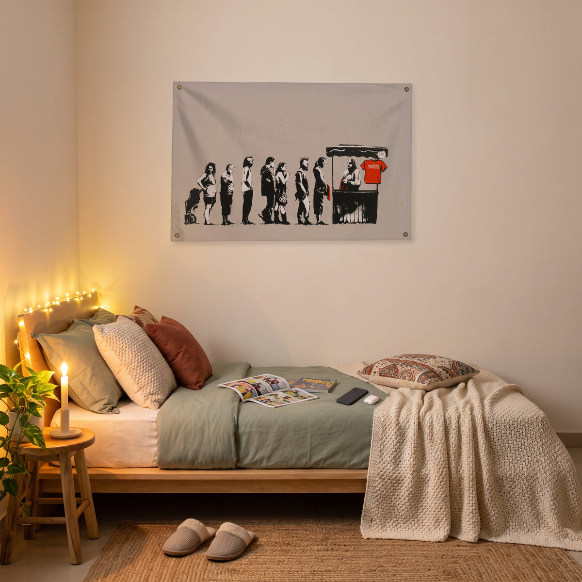 Evolution at the Checkout Wall Flag in the platform bed room mockup.
