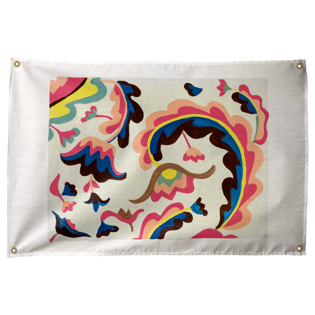 Cream profiles weave through flowing pink, yellow, blue and green shapes in a horizontal composition on a Wall Rebel fabric wall flag.