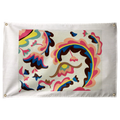 Cream profiles weave through flowing pink, yellow, blue and green shapes in a horizontal composition on a Wall Rebel fabric wall flag.