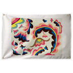 Cream profiles weave through flowing pink, yellow, blue and green shapes in a horizontal composition on a Wall Rebel fabric wall flag.