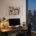 Flowing Multicolour Profiles Wall Flag in the gaming room mockup.