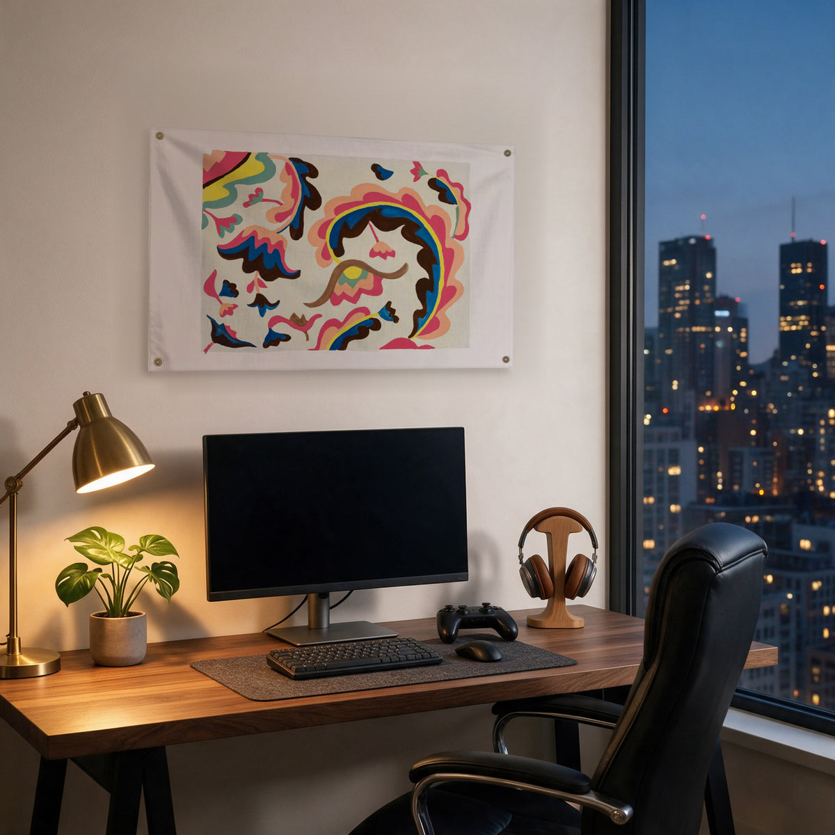 Flowing Multicolour Profiles Wall Flag in the gaming room mockup.