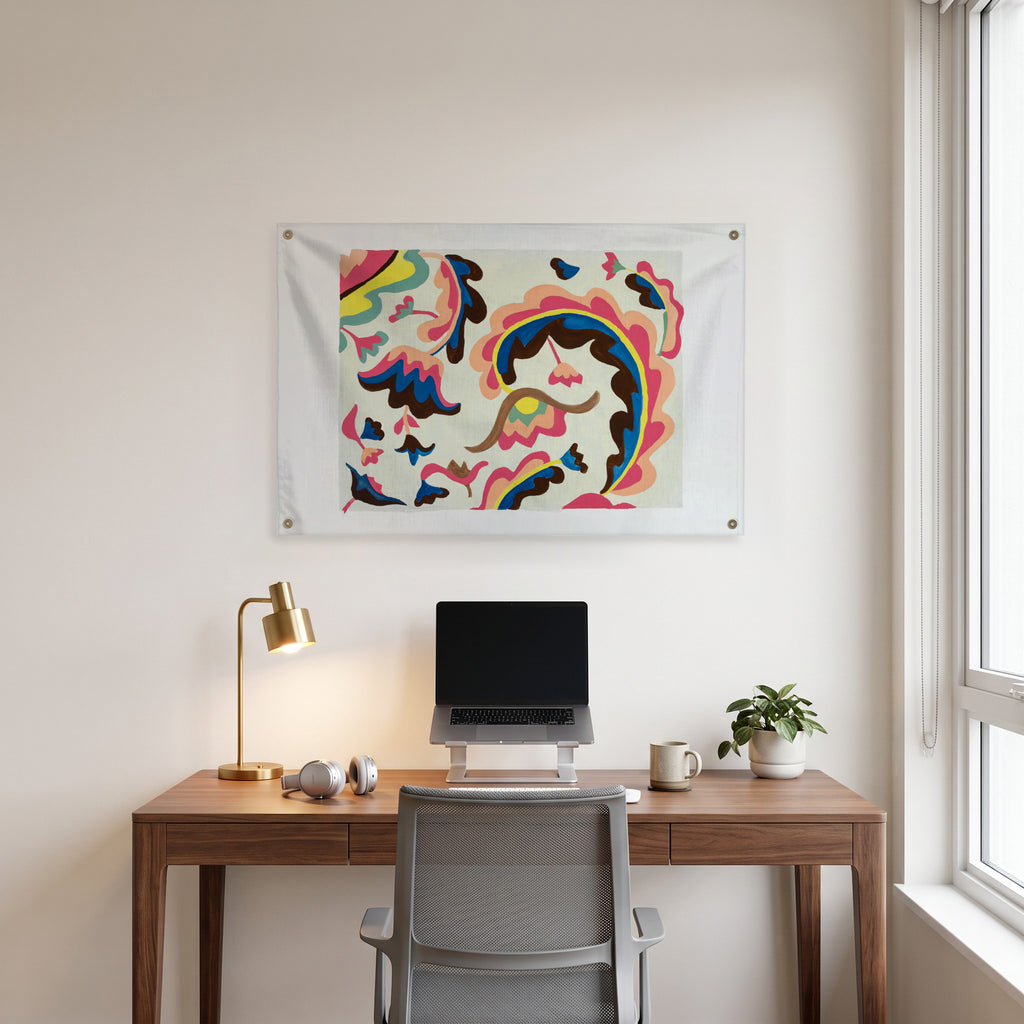 Flowing Multicolour Profiles Wall Flag in the clean desk room mockup.