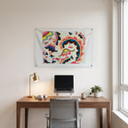 Flowing Multicolour Profiles Wall Flag in the clean desk room mockup.
