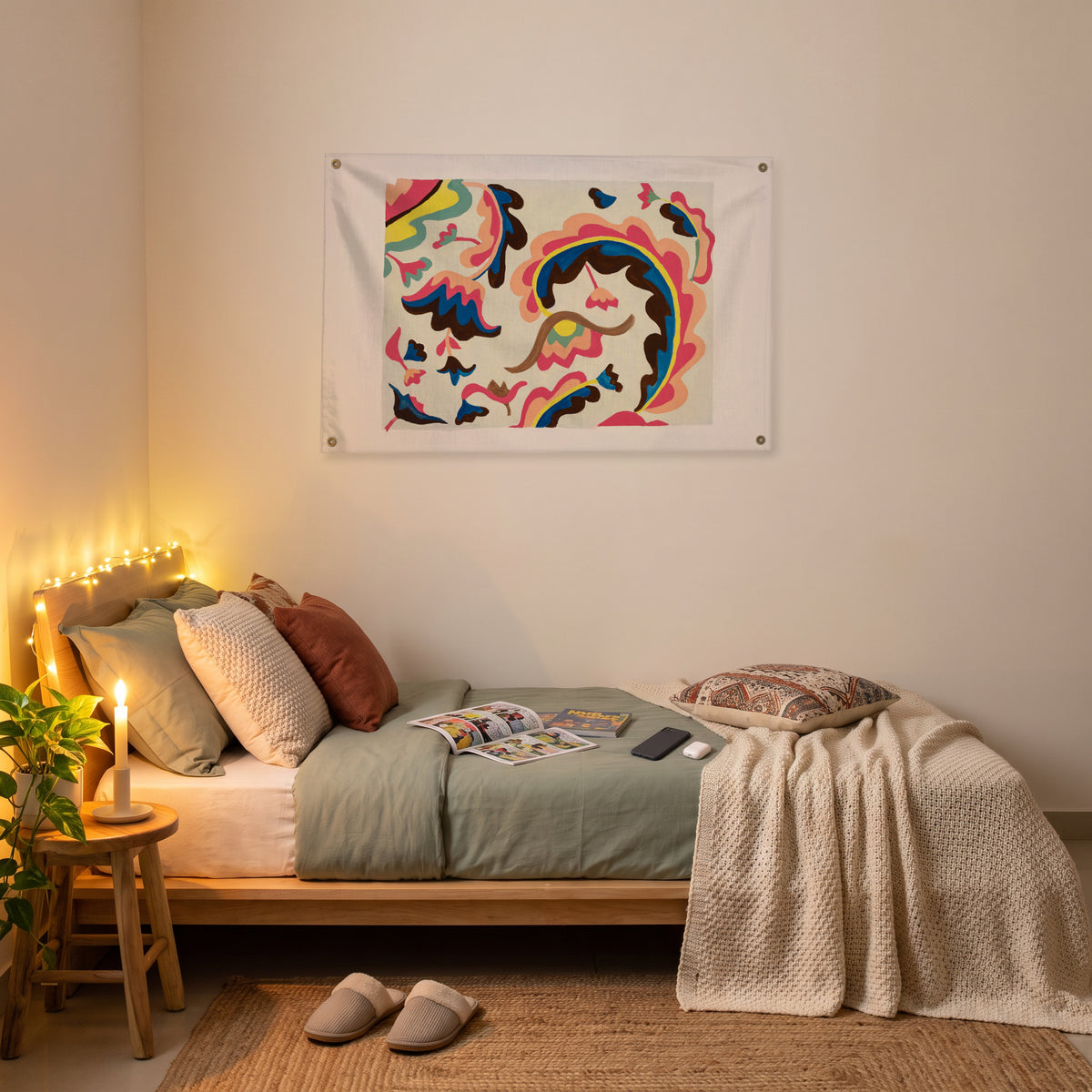 Flowing Multicolour Profiles Wall Flag in the platform bed room mockup.