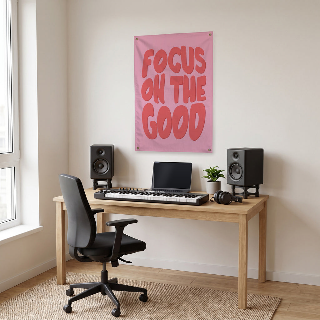 Focus on the Good Wall Flag in the studio room mockup.