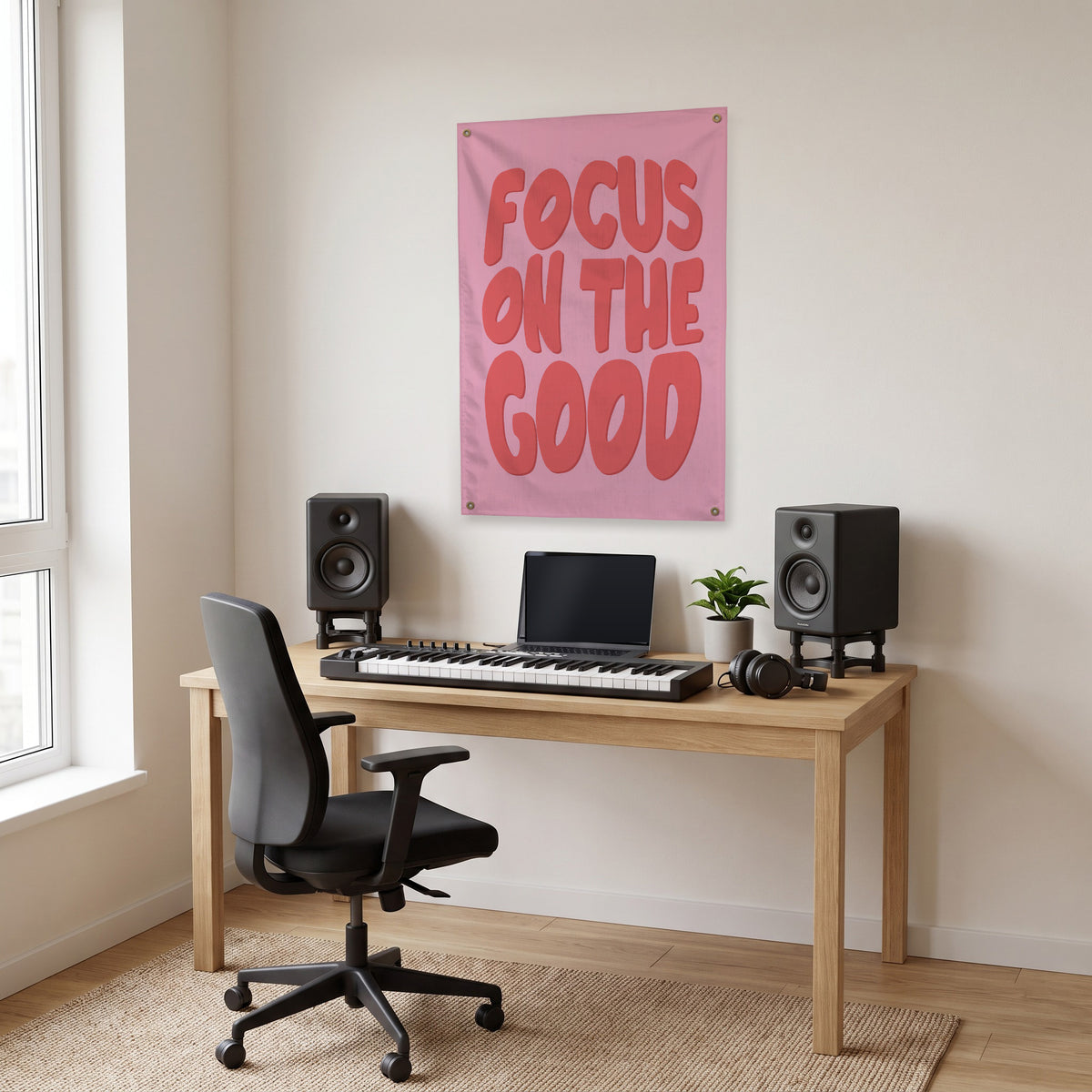 Focus on the Good Wall Flag in the studio room mockup.