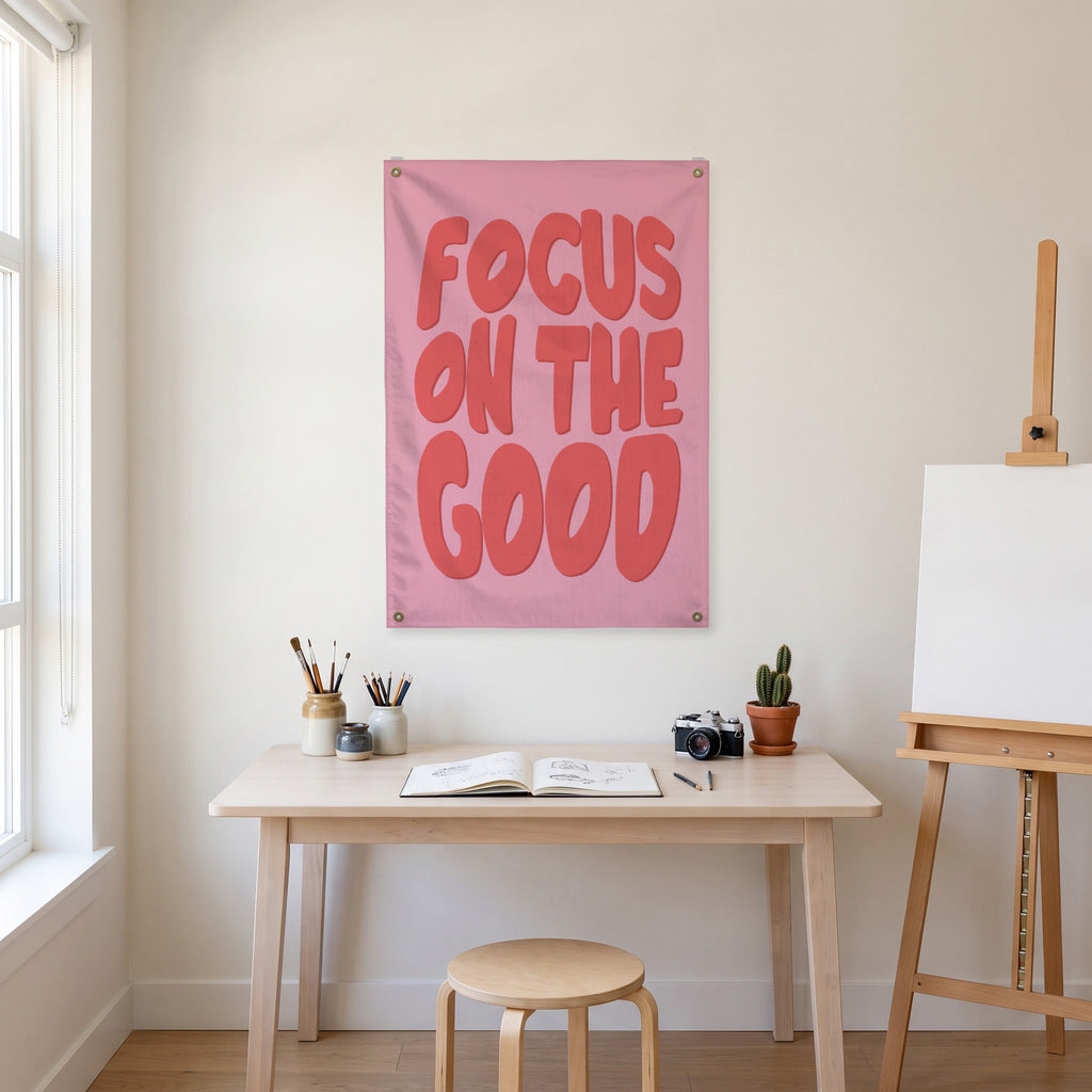 Focus on the Good Wall Flag in the art corner room mockup.