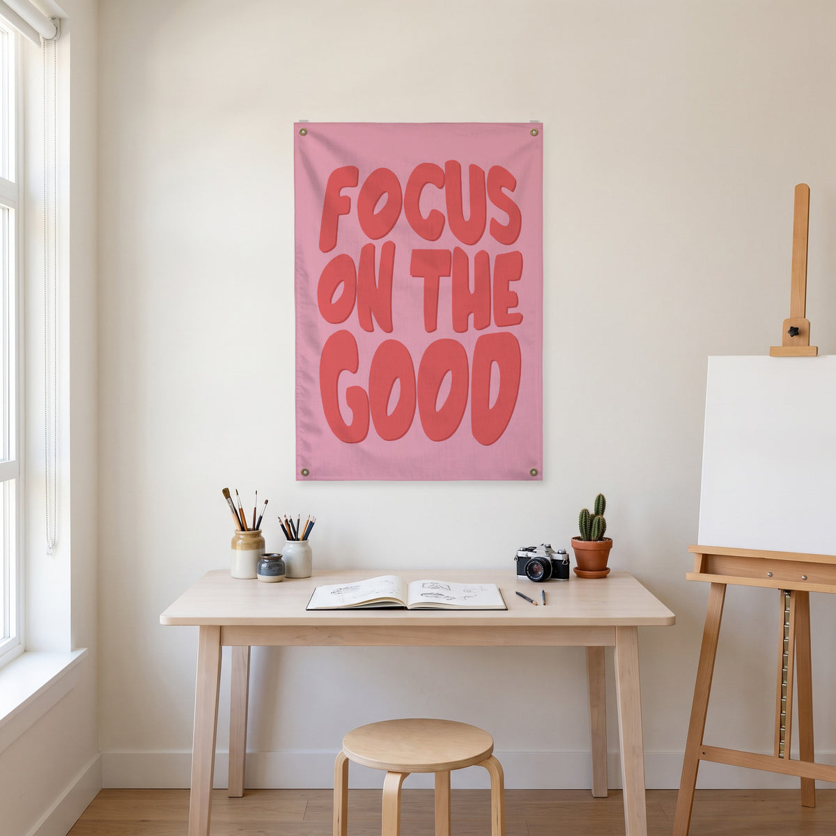Focus on the Good Wall Flag in the art corner room mockup.