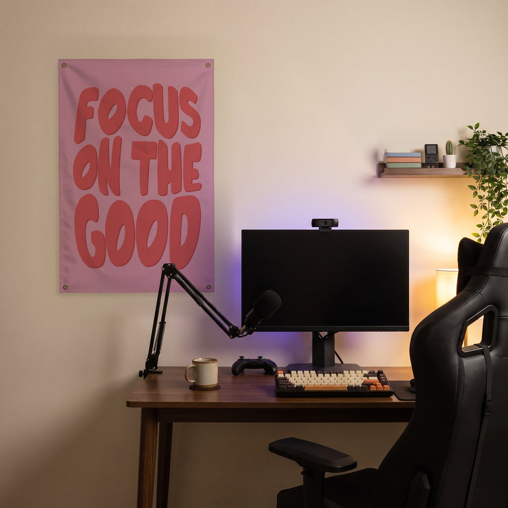 Focus on the Good Wall Flag in the streaming nook room mockup.