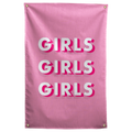 Three stacked GIRLS words cast white and pink dimensional shadows on a pink ground in this bold Wall Rebel fabric wall flag.