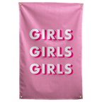 Three stacked GIRLS words cast white and pink dimensional shadows on a pink ground in this bold Wall Rebel fabric wall flag.