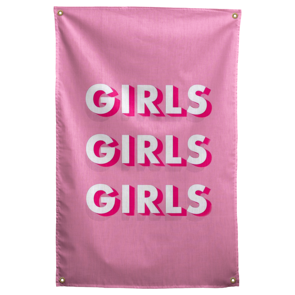 Three stacked GIRLS words cast white and pink dimensional shadows on a pink ground in this bold Wall Rebel fabric wall flag.