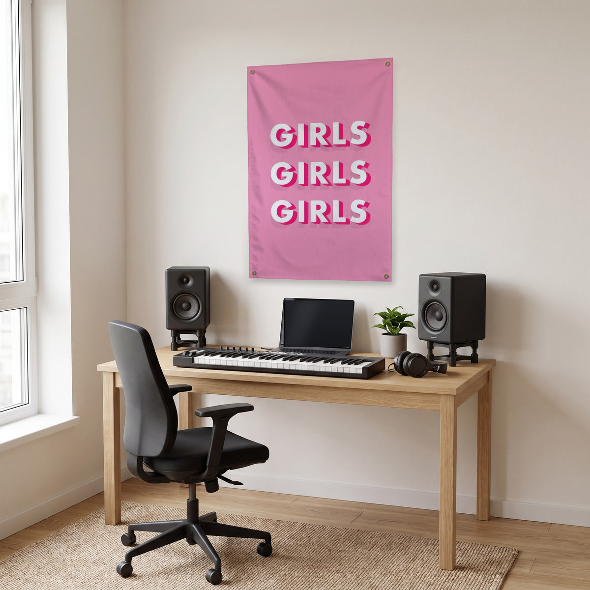 Girls Girls Girls Wall Flag in the studio room mockup.