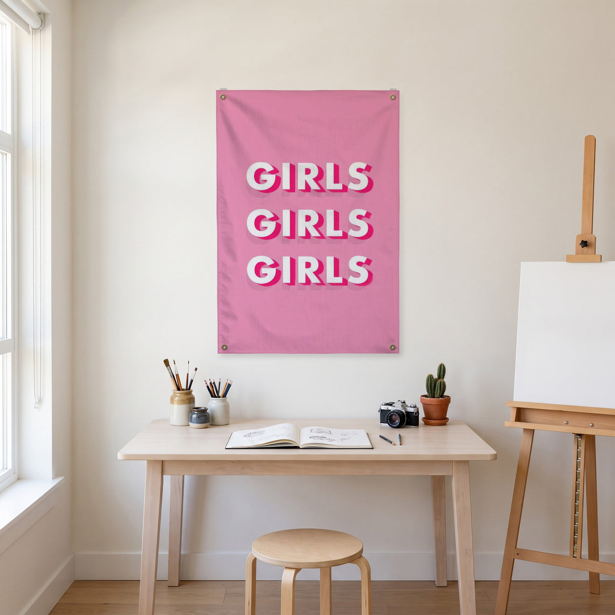 Girls Girls Girls Wall Flag in the art corner room mockup.