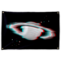 A pale ringed planet with red and cyan glitch lines floats against black on this horizontal Wall Rebel fabric wall flag.