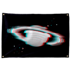A pale ringed planet with red and cyan glitch lines floats against black on this horizontal Wall Rebel fabric wall flag.