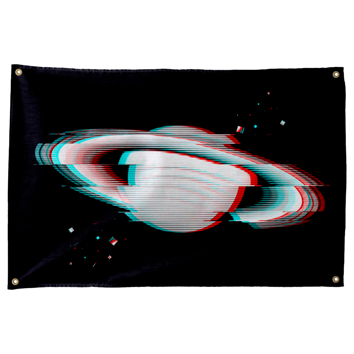A pale ringed planet with red and cyan glitch lines floats against black on this horizontal Wall Rebel fabric wall flag.