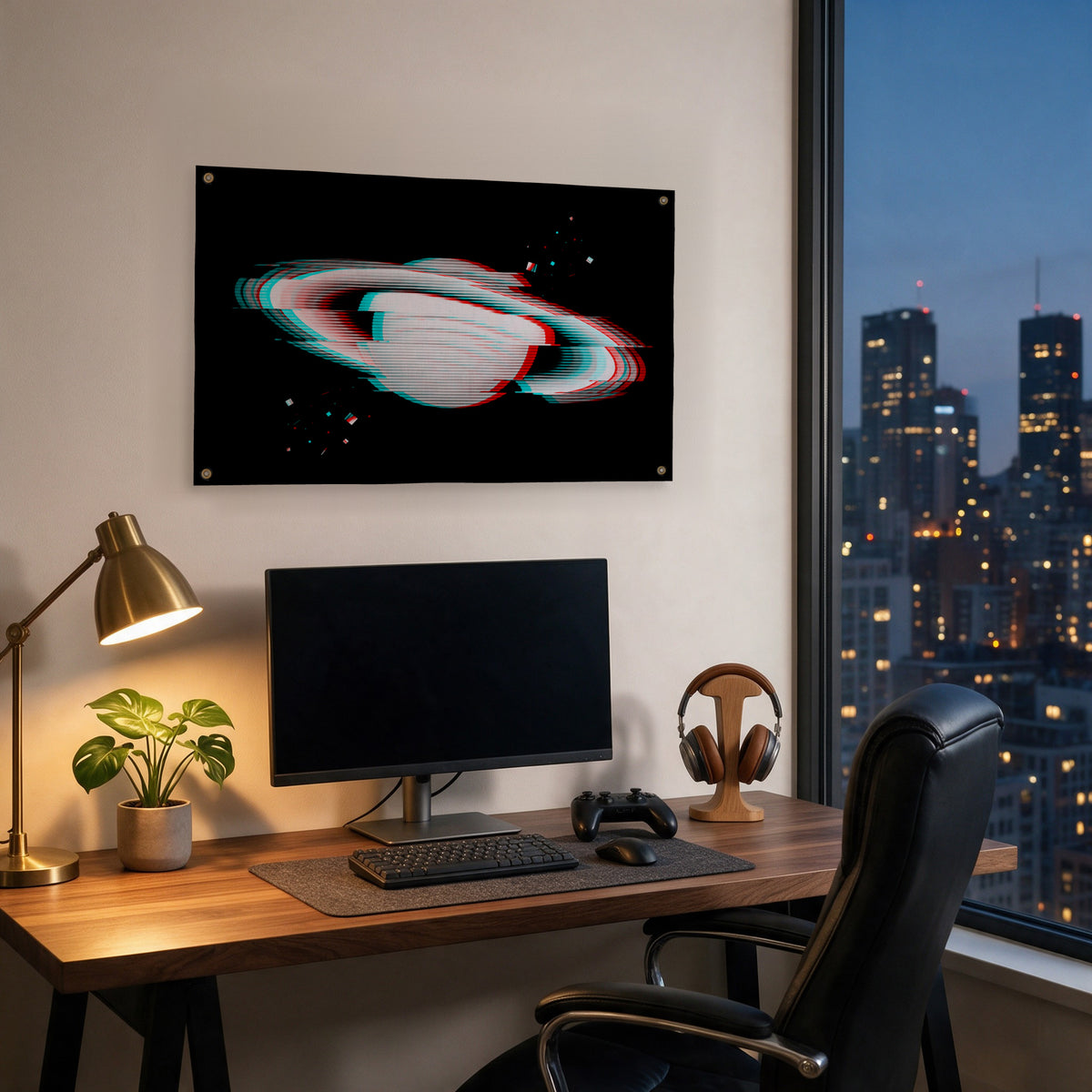 Glitched Ringed Planet Wall Flag in the gaming room mockup.