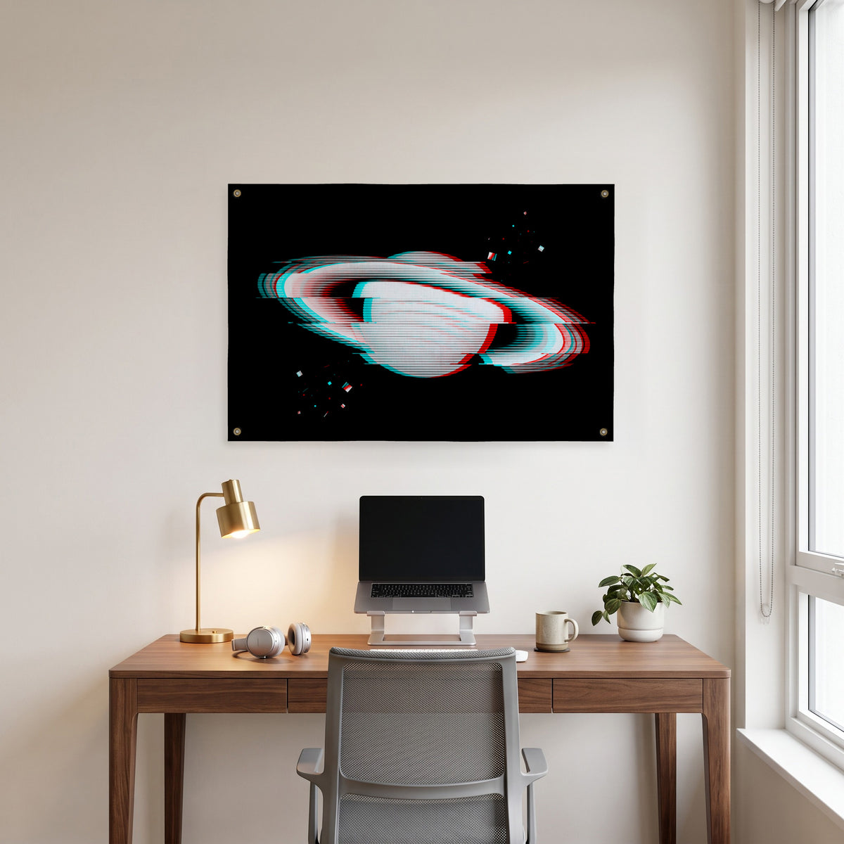 Glitched Ringed Planet Wall Flag in the clean desk room mockup.