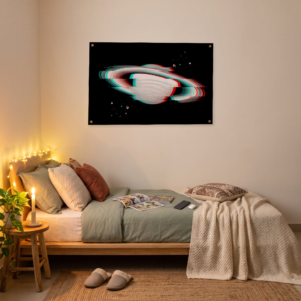 Glitched Ringed Planet Wall Flag in the platform bed room mockup.