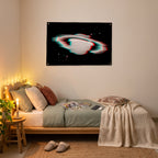 Glitched Ringed Planet Wall Flag in the platform bed room mockup.