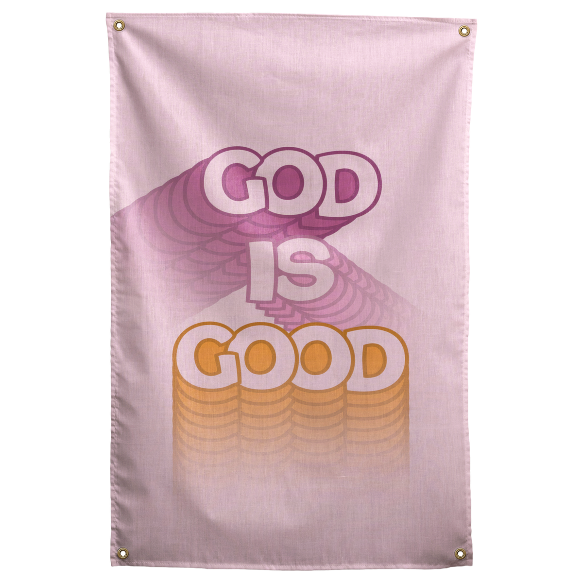 God Is Good lettering trails pastel purple and yellow dimensional shadows across pale pink on this Wall Rebel fabric wall flag.