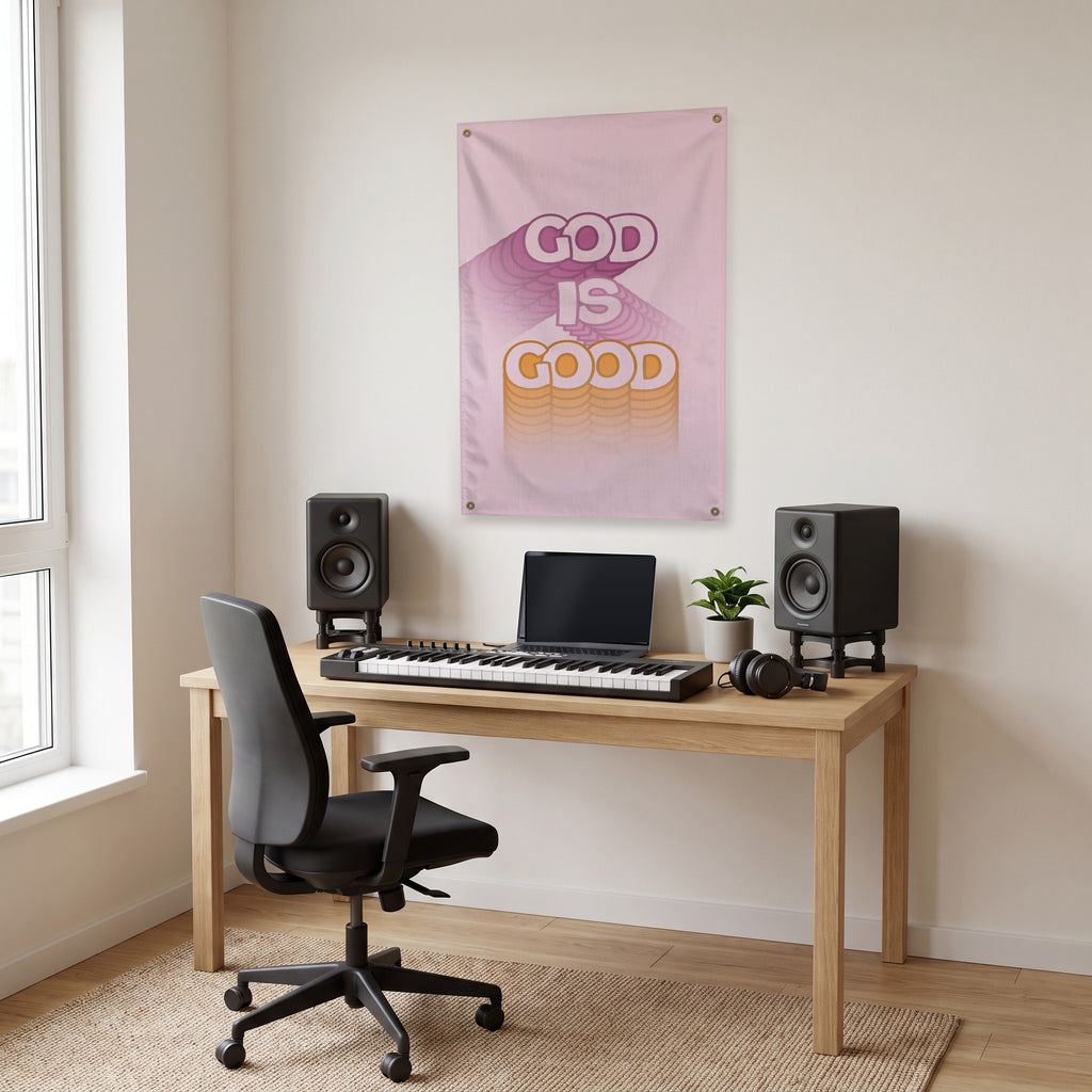 God Is Good Wall Flag in the studio room mockup.