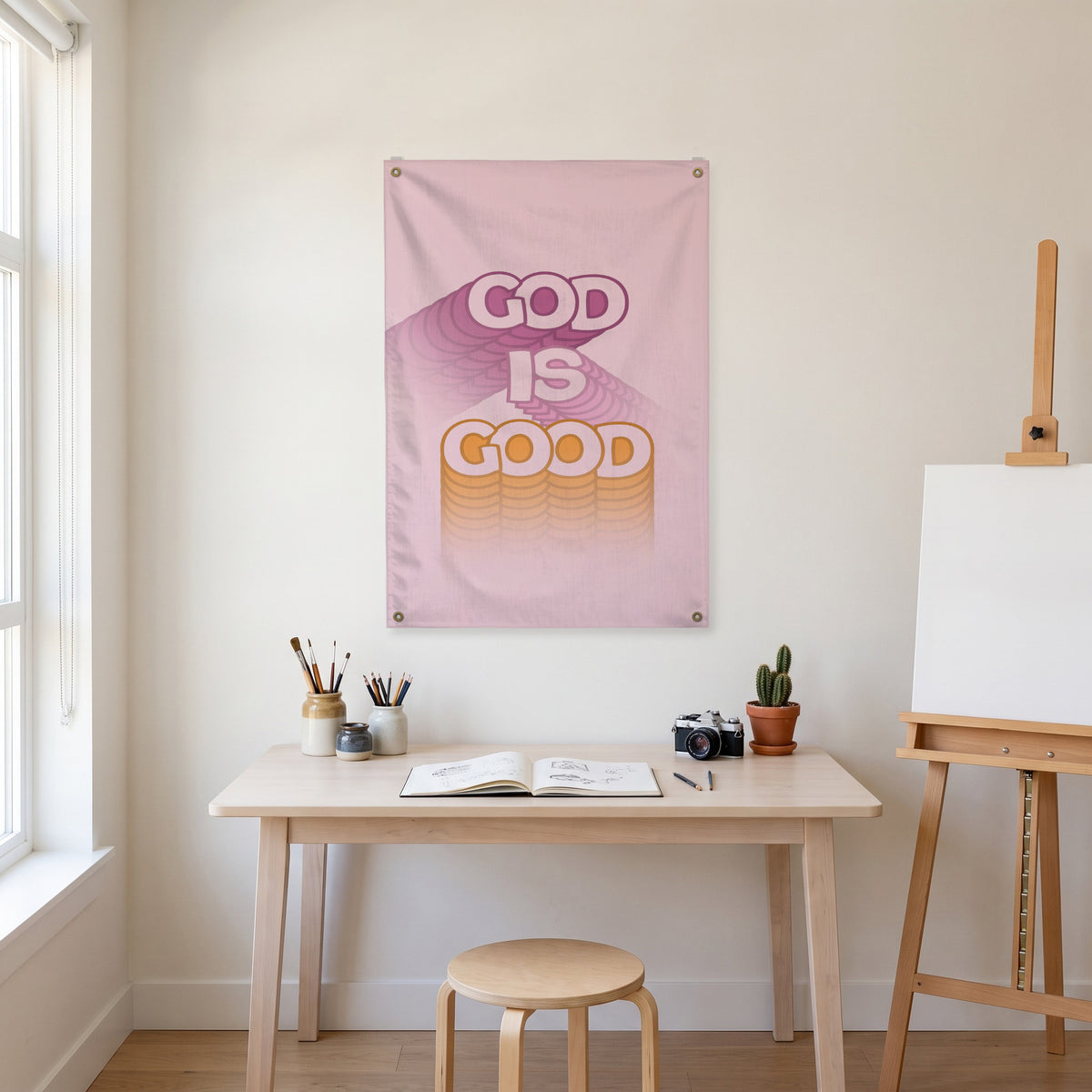 God Is Good Wall Flag in the art corner room mockup.