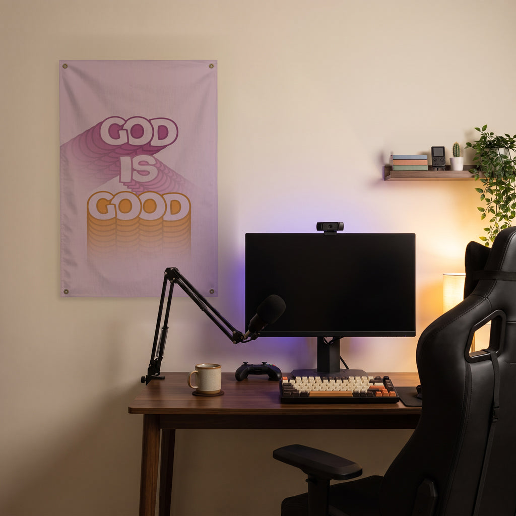 God Is Good Wall Flag in the streaming nook room mockup.