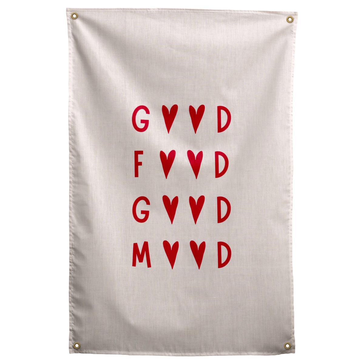 Red letters and pairs of hearts create a stacked Good Food Good Mood message on a pale background on a Wall Rebel fabric wall flag.