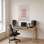 Good Food Good Mood Hearts Wall Flag in the studio room mockup.