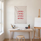 Good Food Good Mood Hearts Wall Flag in the art corner room mockup.