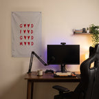 Good Food Good Mood Hearts Wall Flag in the streaming nook room mockup.