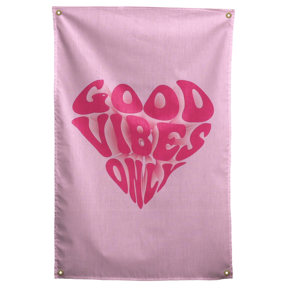 Rounded dark pink Good Vibes Only lettering forms a heart on pale pink in this playful Wall Rebel fabric wall flag.