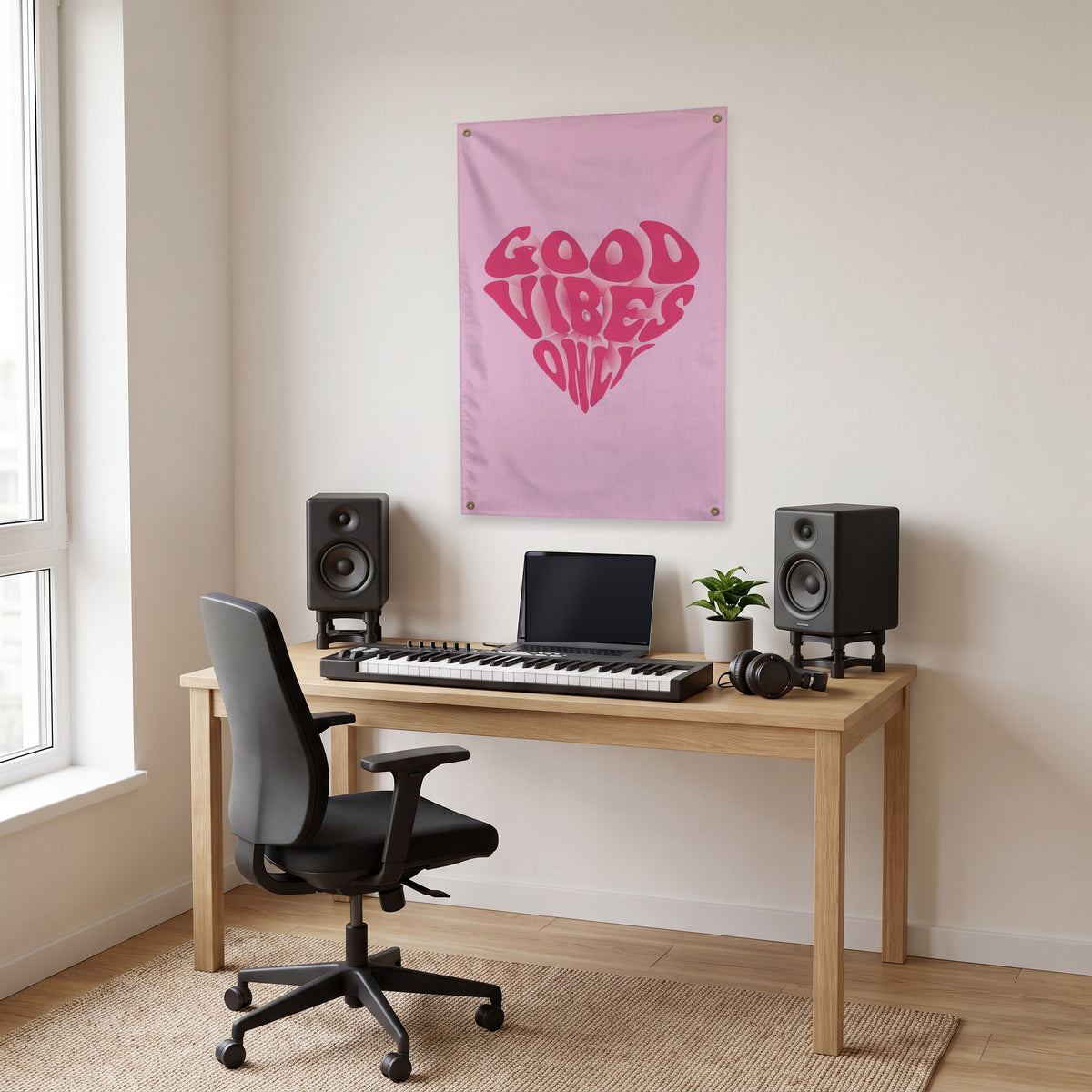 Good Vibes Only Heart Wall Flag in the studio room mockup.