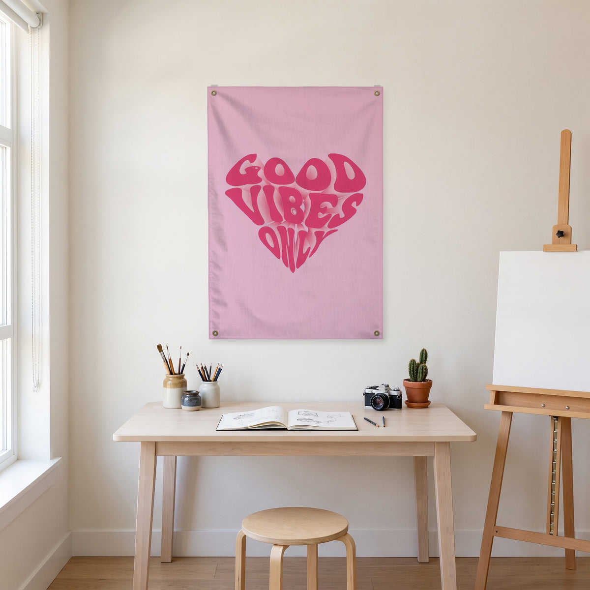 Good Vibes Only Heart Wall Flag in the art corner room mockup.
