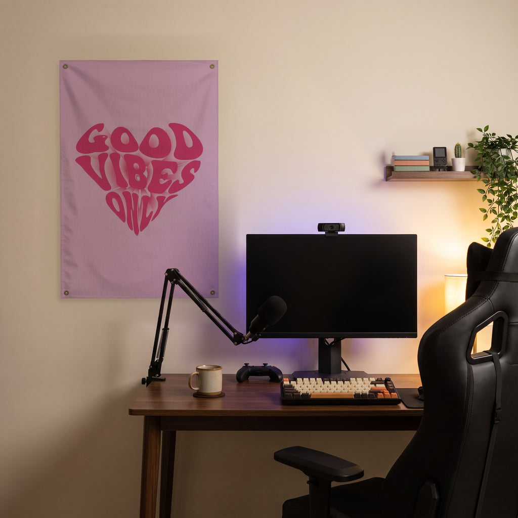 Good Vibes Only Heart Wall Flag in the streaming nook room mockup.