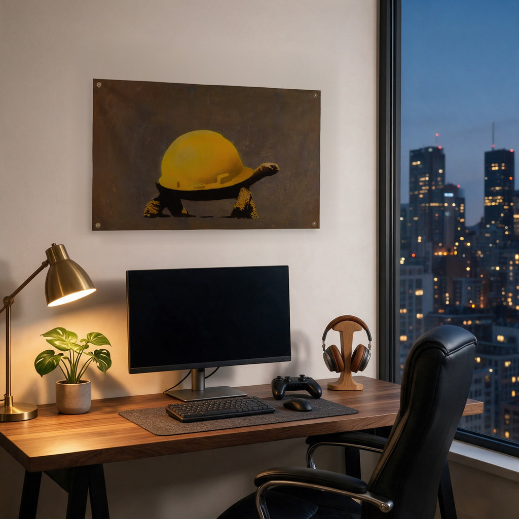 Hard-Hat Tortoise Wall Flag in the gaming room mockup.