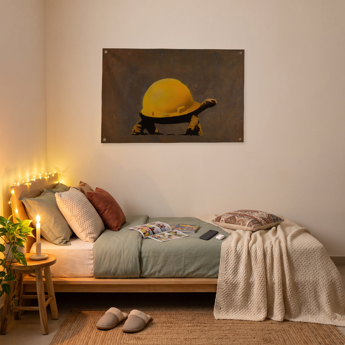 Hard-Hat Tortoise Wall Flag in the platform bed room mockup.