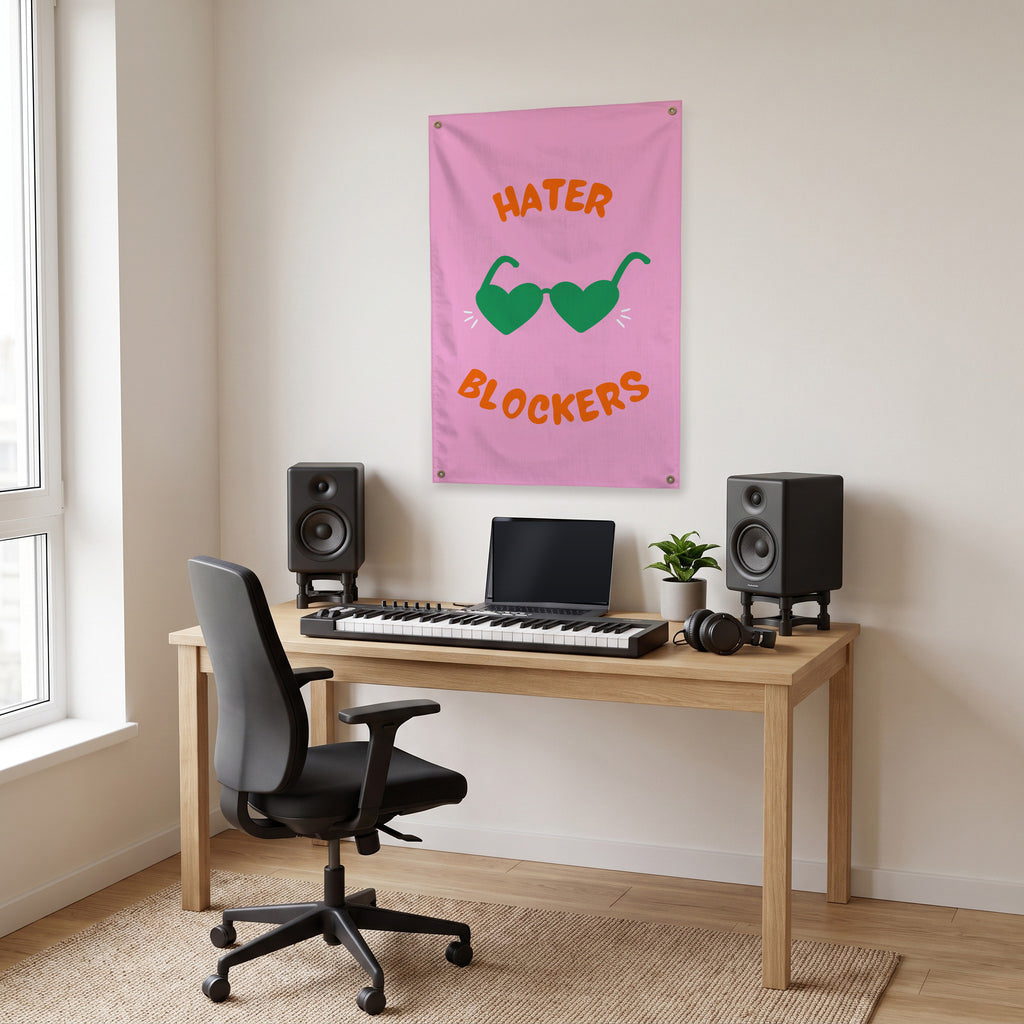 Hater Blockers Heart Glasses Wall Flag in the studio room mockup.
