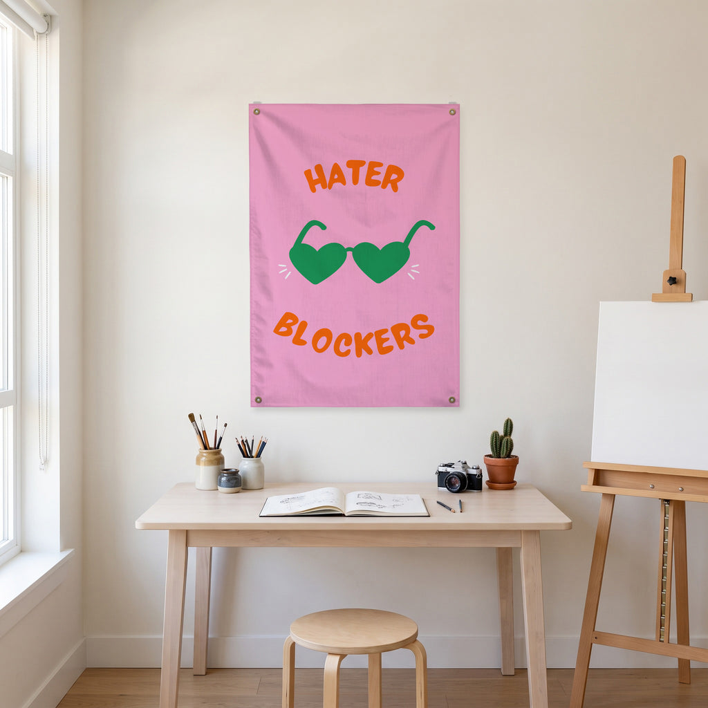 Hater Blockers Heart Glasses Wall Flag in the art corner room mockup.