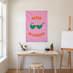Hater Blockers Heart Glasses Wall Flag in the art corner room mockup.