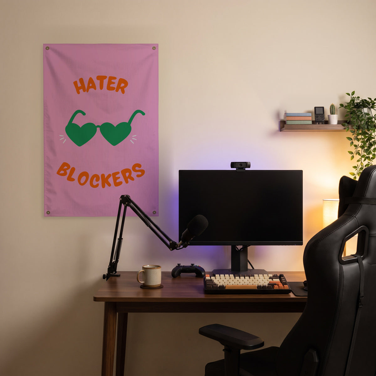Hater Blockers Heart Glasses Wall Flag in the streaming nook room mockup.