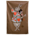 A white rabbit in a heart-covered tabard holds a trumpet and small scroll on brown in this Wall Rebel fabric wall flag.