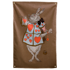 A white rabbit in a heart-covered tabard holds a trumpet and small scroll on brown in this Wall Rebel fabric wall flag.